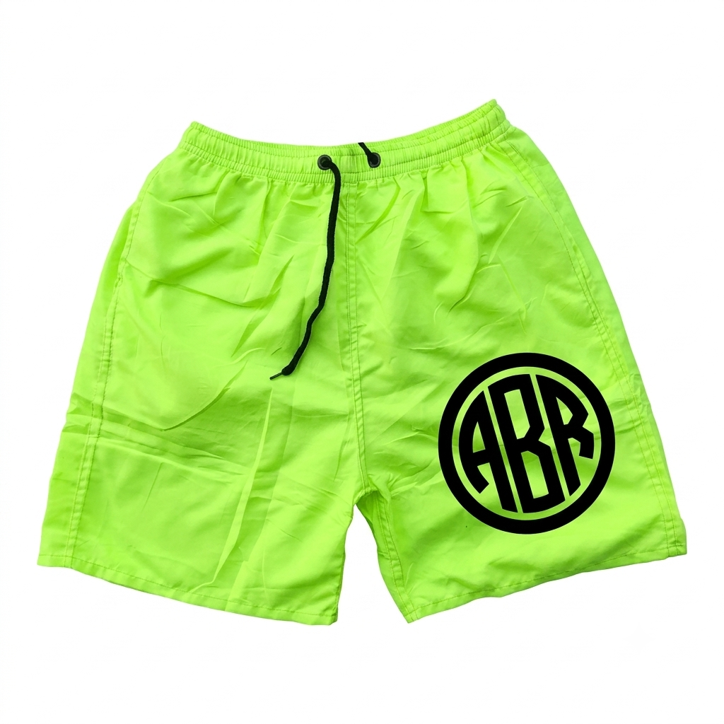 Lime green swim shorts by ABR Store, showing the lightweight fabric and adjustable waistband for comfortable fit