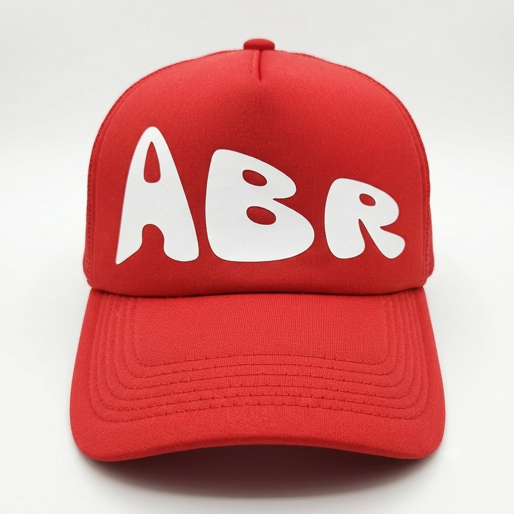 Red ABR 3D Trucker hat with mesh back and adjustable strap, featuring the ABR Store logo on the front.