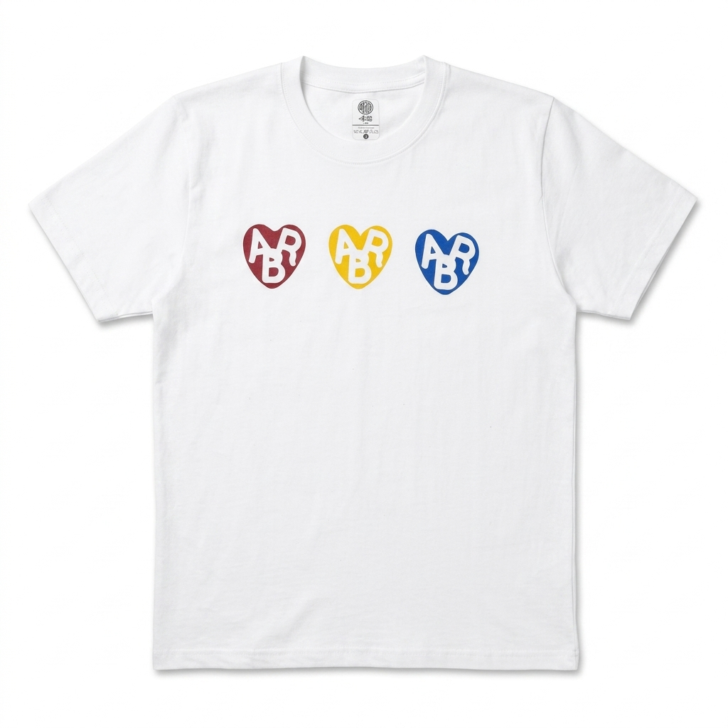 White ABR Store T-shirt with three heart graphics on the front, casual style, soft fabric, and short sleeves.