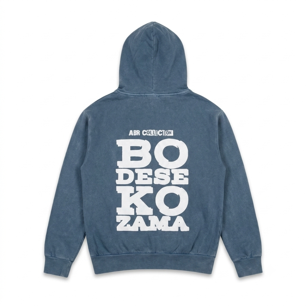 ABR Store BDKZ Signature Streetwear Hoodie in washed blue, comfortable unisex design with a relaxed fit and casual style.