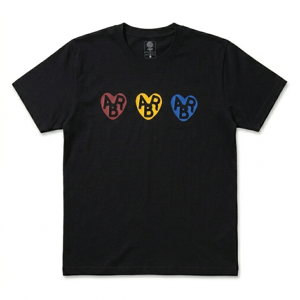 Black T-shirt from ABR Store featuring three heart graphics on the front, casual and stylish men's or women's apparel.