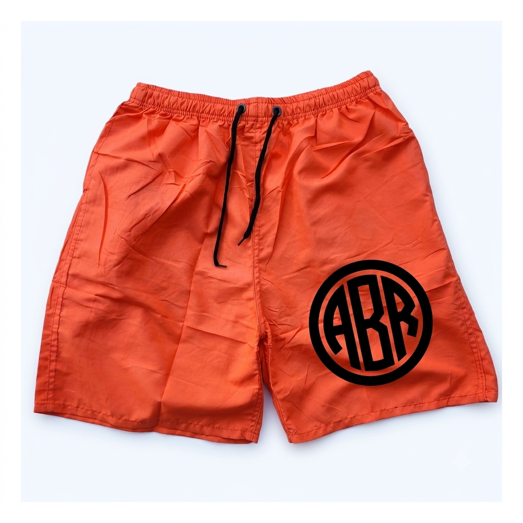 Bright orange ABR Store swim shorts with a relaxed fit, featuring a drawstring waistband and quick-dry fabric for beach or pool use.